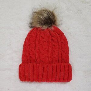 PJ Salvage Hat Beanie Scarlet Red Faux Fur Pom Pom Cottagecore Outdoor Colorful